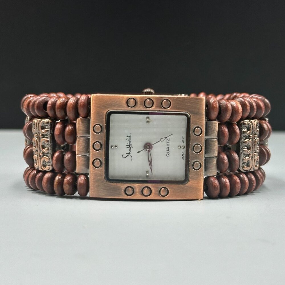 Sheffield Watch Women Copper Tone Wood Beaded Cuff Band New Battery 6.75"